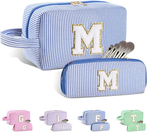 Vista 47 de Bolsa de maquillaje personalizada con inicial A-Z para mujeres, niñas y niños, bolsa de aseo de viaje, bolsa de maquillaje preparada, bolsa