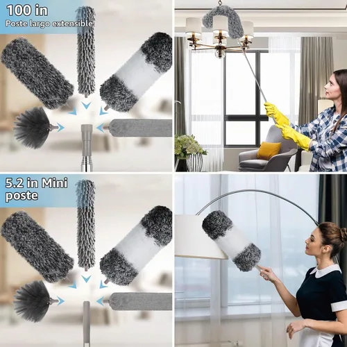 Vista 3 de Plumero de microfibra con poste de extensión de 30 a 100 pulgadas, reutilizable, flexible, lavable para limpiar ventilador de techo, techo alto