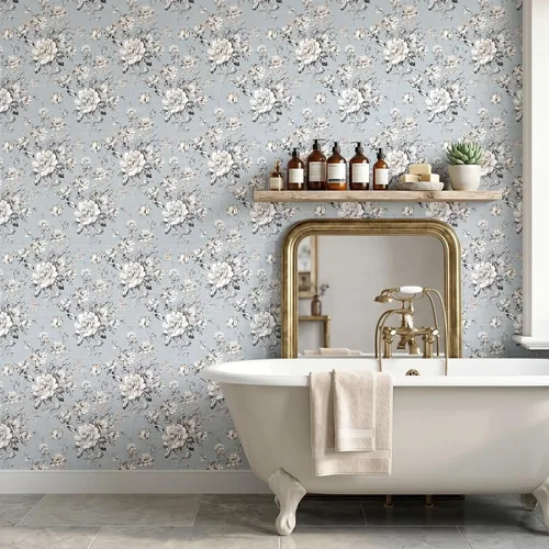 Vista 6 de ReWallpaper Papel tapiz azul para despegar y pegar, papel tapiz vintage azul y blanco, papel de pared adhesivo extraíble con flores, papel