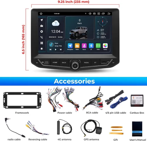 Vista 9 de Radio estéreo de coche de 9 pulgadas para Jeep Wrangler JK 2011-2017, pantalla táctil IPS QLED 1280x720P, Android 14 Octa-Core 4GB+64GB, CarPlay