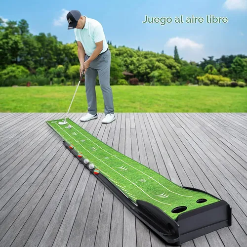 Vista 6 de Losbenco Putting Green - Juego de golf para interiores con putter y 6 bolas, tapete de práctica de golf portátil con sistema de retorno automático
