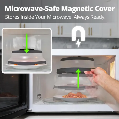 Vista 4 de Hover Cover Cubierta magnética plegable contra salpicaduras, tapa transparente de 10 pulgadas para alimentos, sin BPA, protector de placa ventilada