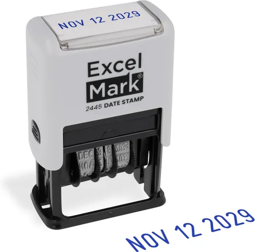 Vista 18 de ExcelMark 2445 sello de fecha: perfecto para envío, recepción, vencimiento y fechas de vencimiento (tinta azul, soporte violeta)