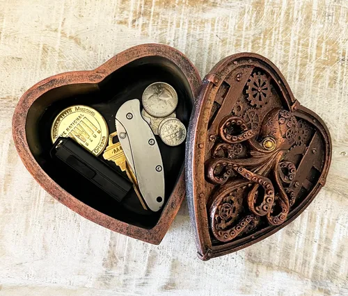 Vista 7 de Top Brass Steampunk - Joyero con forma de corazón de pulpo pequeño, decoración gótica ecléctica inusual (cobre rústico)