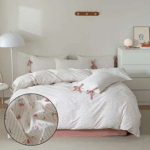 Vista 2 de MKXI Juego de ropa de cama con diseño de corbata de moño linda y rayas de flores rosas, tamaño individual, de algodón - Funda de edredón