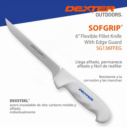 Vista 4 de Cuchillo de filete Dexter Outdoors de 6" con mango suave SOFGRIP Incluye protector de filo High-carbon American stainless blade sized for