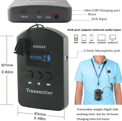 Vista 4 de EXMAX EXD-6824 2.4GHz Audio inalámbrico Guía turística Sistemas de auriculares hasta 1-150M Rango de transmisión para Conferencia Iglesia Viajes