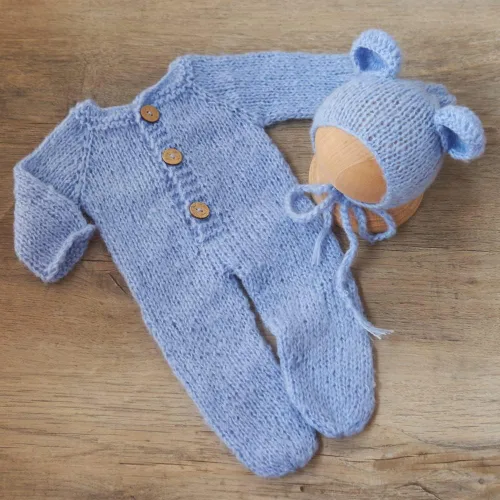 Vista 4 de Zeroest Conjunto de punto de ganchillo para sesión de fotos para niño recién nacido, gorro de oso con pies, mameluco con pies, para fotografía