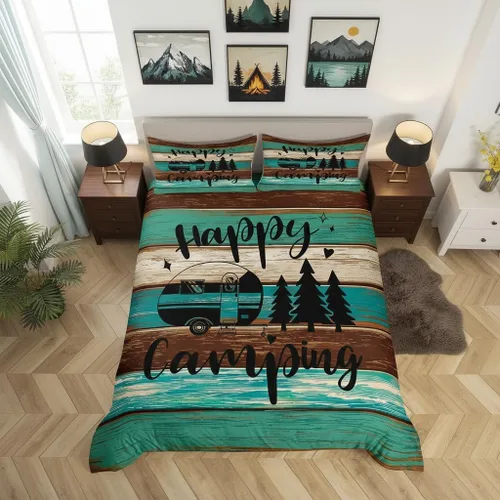 Vista 28 de Castle Fairy Juego de ropa de cama Happy Camping para niños, funda de edredón estilo granja occidental con cierre de cremallera, juego de ropa
