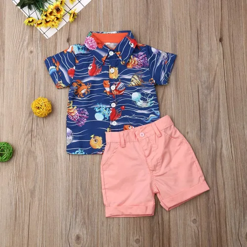 Vista 25 de Conjunto de camisa de manga corta con botones y pantalones cortos casuales con diseño de flamingo, para bebés y niños de 1 a 6 años, atuendos