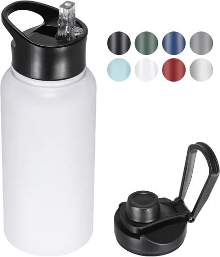 Vista 33 de Botella de agua aislada de 64 onzas con tapas de pajita y boquilla, jarra de agua de acero inoxidable de medio galón con mango de paracord, vacío