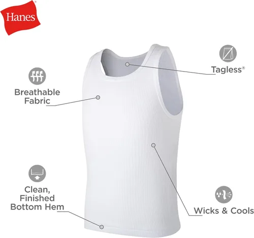 Vista 2 de Hanes Boys Tank Cotton Undershirt, EcoSmart, 10 Pack, White