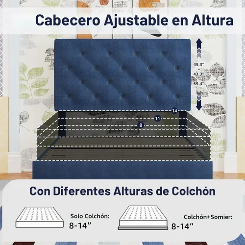 Vista 5 de BarnFurin Marcos de cama individual con cabecera capitoné con botones, cama de plataforma tapizada de lino con soporte de listones de madera, fácil