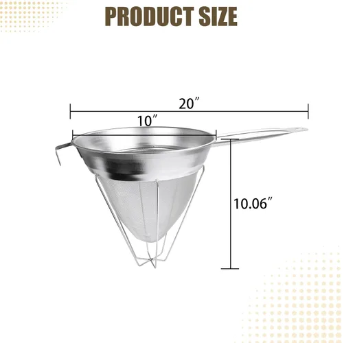 Vista 2 de Colador chino de 10 pulgadas, tamiz cónico de caldo de malla fina de acero inoxidable 18/8, coladores de tapa de China resistentes con soporte