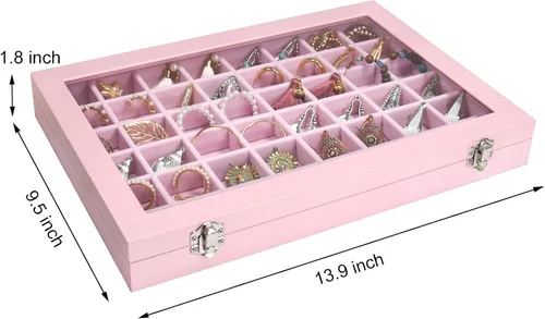 Vista 3 de Bandeja organizadora para joyas, caja organizadora de 48 rejillas para joyas, caja organizadora con tapa transparente, anillos, aretes, collares