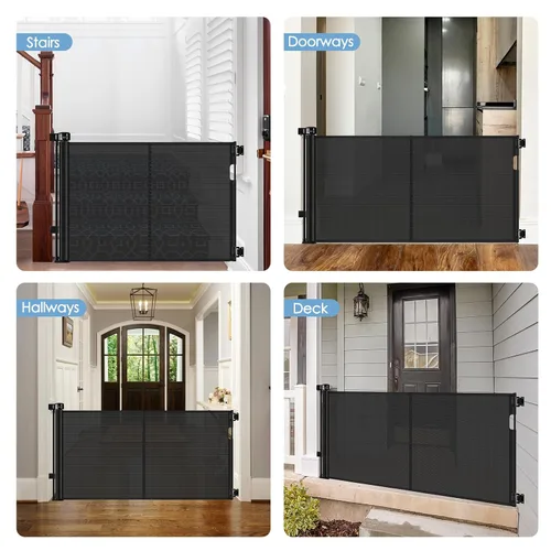 Vista 7 de Puertas retráctiles reforzadas para bebés con varillas de soporte, se extienden hasta 55" de ancho, puerta retráctil para perros para entradas
