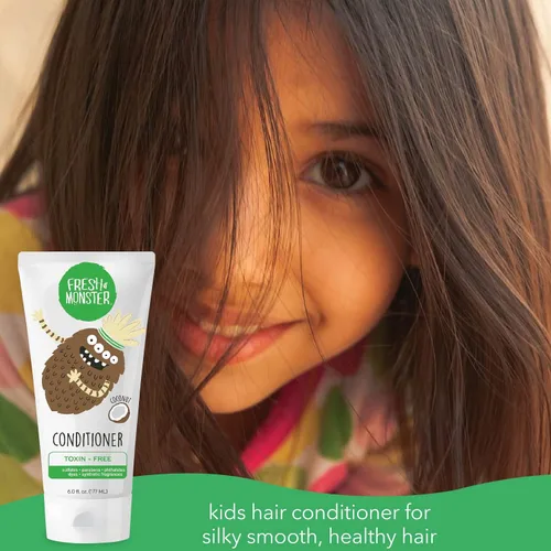 Vista 3 de Fresh Monster Acondicionador de cabello para niños, sin toxinas, hipoalergénico y natural, acondicionador para el cabello para niños, coco (6 onzas)