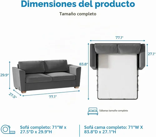 Vista 2 de Mjkone Sofá cama extraíble de 71 pulgadas de ancho con almohadas de espuma viscoelástica y colchón, sofá biplaza convertible 2 en 1 con cama