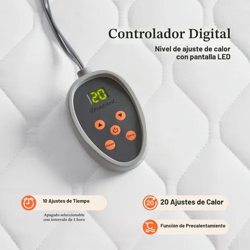 Vista 3 de Beautyrest - Cubrecolchón de algodón con calefacción - Calentador de cama con controlador de 20 ajustes de calor, temporizador de apagado