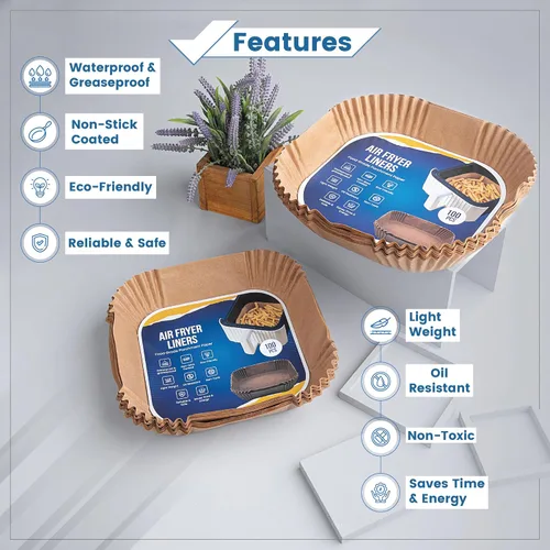 Vista 3 de Forros desechables para freidora de aire de 8 pulgadas, 100 forros de papel pergamino de forma cuadrada, resistentes al aceite y al agua, adecuados
