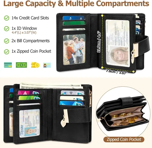 Vista 2 de HUANLANG Carteras pequeñas para mujer, con bloqueo Rfid, de cuero, plegable, tarjetero para tarjetas de crédito, cartera para mujer, bolsillo