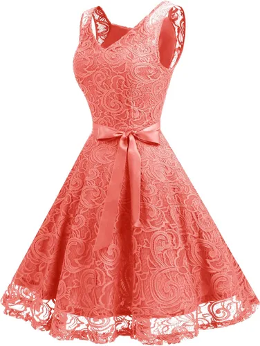 Vista 2 de Dressystar - Vestido de fiesta corto para mujer con encaje floral y cuello en V, ideal para dama de honor y baile de graduación