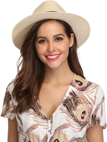 Vista 5 de Lanzom - Sombrero de paja playero para mujer, de ala ancha, plegable, estilo Fedora, UPF50+