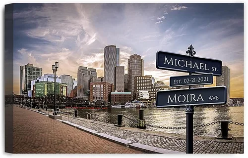 Vista 38 de IPIC - Personalized Framed Canvas with Custom Street Sign in Boston Personalized Street Signs with Names, Custom Canvas Print, Boston Sunset