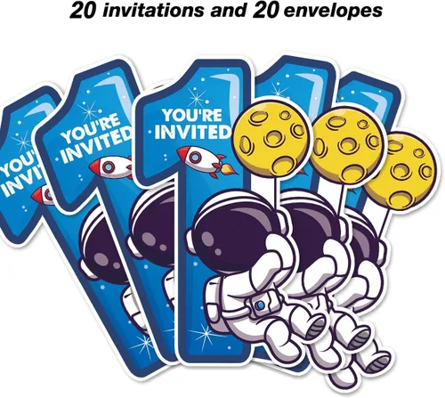 Vista 3 de Outer Space - Invitaciones de fiesta de primer cumpleaños con sobres, juego de 20 tarjetas de invitaciones de astronauta con una forma de astronauta