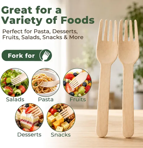 Vista 7 de LotFancy Tenedores desechables, 100 tenedores de madera, 6.2 pulgadas, biodegradables compostables, ideales para camping, picnic, cenas, suministros