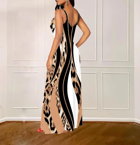 Vista 5 de Vestido largo sexy de verano para mujer, casual, cuello en V, tirantes delgados ajustables, sin mangas, tallas grandes con bolsillos