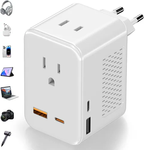 Vista 8 de Convertidor de voltaje de 220 V a 110 V de EE. UU. a Europa, adaptador de viaje convertidor de enchufe para Europa con 20 W PD y 2USB-A y 2USB-C
