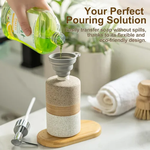 Vista 4 de Juego de dispensador de jabón de cerámica con embudo de silicona, jabón de manos, champú, gel de baño, dispensador de loción para cocina y baño