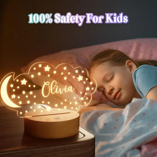Vista 4 de Luz de noche personalizada con nombre de bebé para niños, niñas, niños, decoración de guardería con estrellas y nubes de acrílico - Incluye control