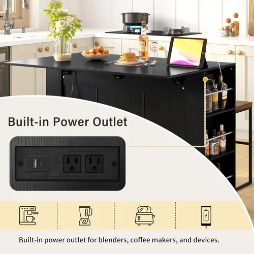 Vista 5 de 47.2" Multifunctional Kitchen Island with Drop Leaf & Power Outlet – Wine Bar with Bottle Rack, Coffee Station, 2-Door Storage & Adjustable Shelves