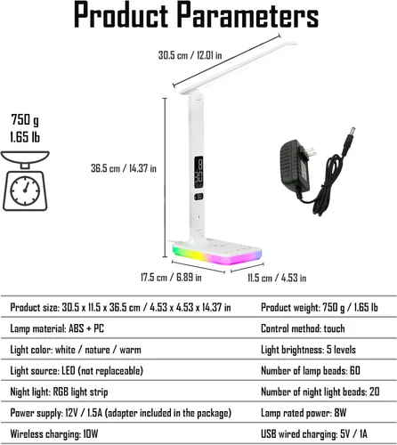 Vista 5 de Lámpara de escritorio LED con carga inalámbrica y por cable, luz de mesa plegable, 5 modos de brillo y 3 modos de iluminación, pantalla de tiempo
