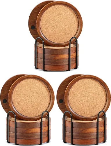 Vista 7 de WLWNWFT Posavasos de Corcho de Madera para Bebidas Absorbentes con Soporte, WLWNWFT Juego de Posavasos de Madera de Acacia Rústicos de Granja