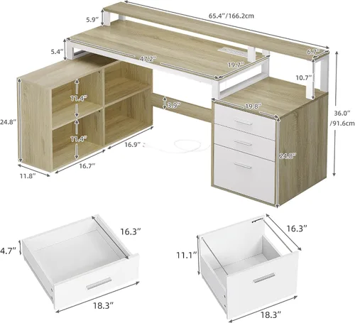Vista 2 de DWVO Escritorio en forma de L con cajones, escritorio para computadora de 65 pulgadas con tomas de corriente y luces LED, escritorio de esquina