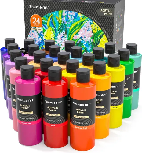 Vista 10 de Shuttle Art 12 colores de pintura acrílica, botellas de 250 ml/8.45 oz, juego de pintura acrílica, pigmentos ricos, suministros de pintura a granel