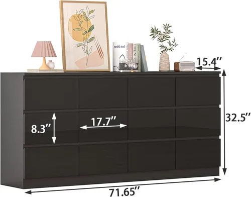 Vista 2 de Cómoda de 12 cajones con estación de carga, cómoda grande moderna con 12 cajones sin asas, cómoda de almacenamiento de madera para dormitorio, sala