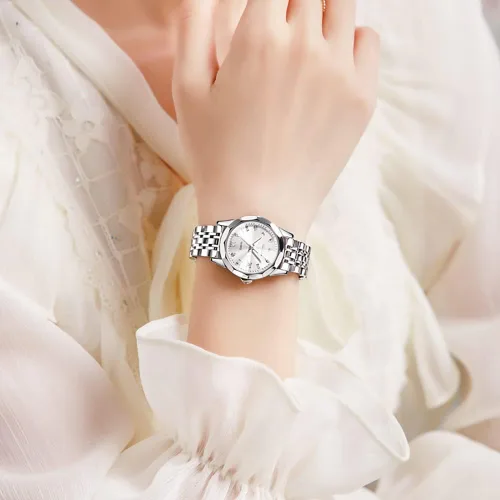 Vista 10 de OLEVS Reloj de mujer con diamantes de moda, analógico, de cuarzo, de acero inoxidable, para mujer, pequeño, para fecha, impermeable, luminoso