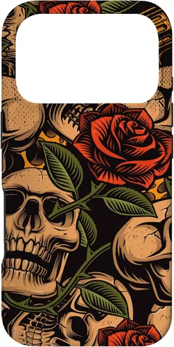 Vista 30 de Funda con diseño de tatuajes de flash tradicional para iPhone 17 con diseño retro rojo de rosas de calavera