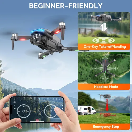 Vista 6 de Dron con cámara - Dron plegable con motor sin escobillas para adultos/niños, cuadricóptero RC HD 1080P. Vuelo según puntos de ruta, mantiene