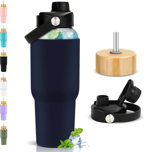 Vista 13 de PROBTTL Botellas de agua de vidrio de 32 onzas, vaso de vidrio de 1 litro, botella de agua de borosilicato con popote, funda de silicona, 2 tapas