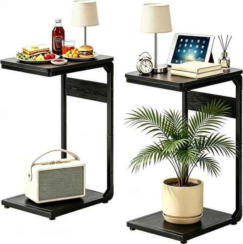 Vista 9 de Mesa auxiliar pequeña con pedestal de madera para sofá, mesa auxiliar en forma de C, bandejas de TV para comer, bebidas de café, cena, comida
