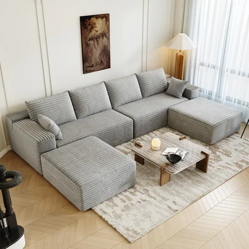 Vista 32 de Sofá modular modular de 139.4 pulgadas, sofás minimalistas en forma de L con diván de asiento medio, moderno sofá convertible de asiento profundo