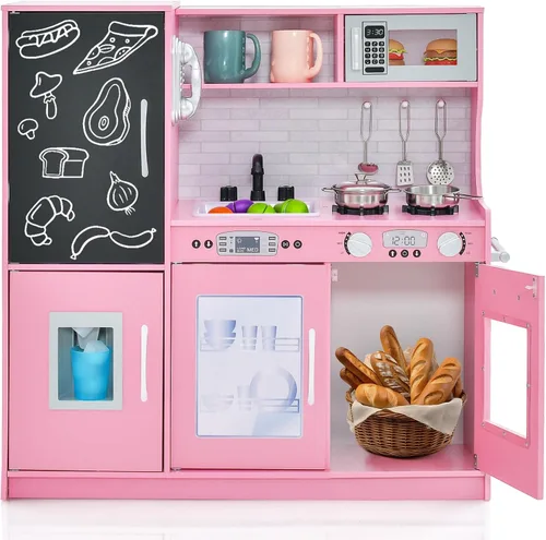 Vista 12 de Costzon Juego de cocina para niños, juego de juguetes de cocina de madera con sonido real, pizarra grande, teléfono, microondas, máquina de hielo