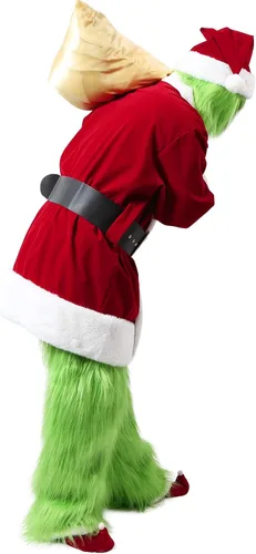 Vista 2 de VeMee Green Big Monster Costume 9 PCS Christmas Deluxe Furry Adult Santa Suit Green Claus Holiday Outfit Set