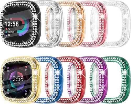 Vista 17 de Fullife Paquete de 10 Parachoques de TPU para Fitbit Versa 2, Fundas de Cristal con Diamantes Brillantes HD, Funda Protectora Completa, Resistente a