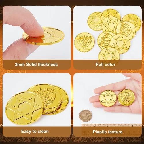 Vista 3 de WEBEEDY 100 monedas de plástico de oro Hanukkah moneda de juego de plástico pirata búsqueda del tesoro moneda para pirata aventura temática fiesta